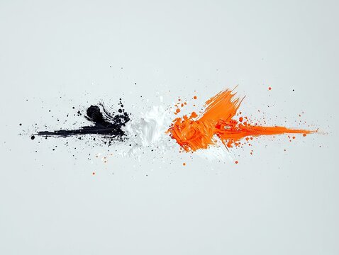 A dynamic abstract composition featuring energetic splatters and bold brush strokes of black, white, and vibrant orange paint.