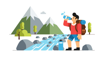 Obraz premium Adventurer Refreshes With Water Near Mountainous Terrain Amidst Nature's Scenic Beauty