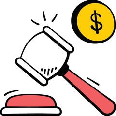 Judge gavel and sound block next to gold coin with dollar sign symbolizing auction legal decision or financial transaction