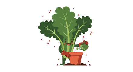 Animated Plant Character Watering Itself In A Terracotta Pot Against Black Background