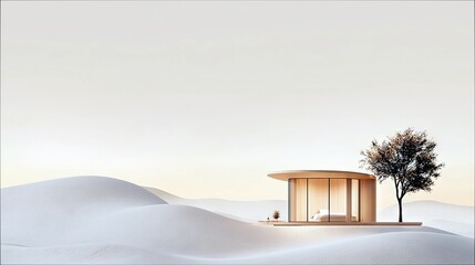 A contemporary, curved glass-walled dwelling with wooden accents sits in a vast, minimalist white desert, featuring rolling dunes and a solitary tree.