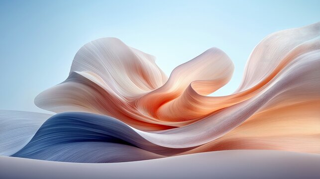 A dynamic abstract composition featuring flowing, layered fabric-like forms in soft peach, blue, and white hues, set against a serene light blue background.