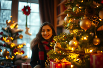 Woman and child decorate a Christmas tree with ornaments for holiday fun