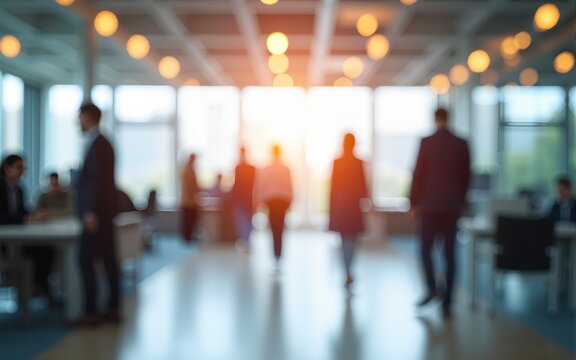 Bright business workplace with people in walking in blurred motion in modern office space. High quality - Powered by Adobe