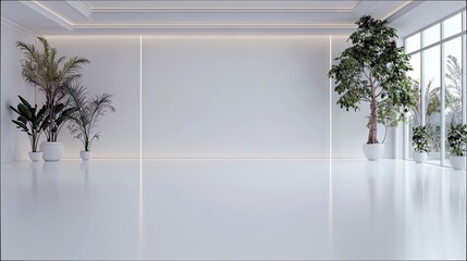 A spacious, modern, and minimalist interior space featuring large potted plants, clean white walls, and abundant natural light from a wall of windows.