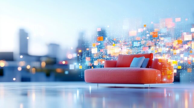A contemporary orange sofa sits on a reflective surface with a bokeh city skyline behind it, overlaid with glowing digital light particles.