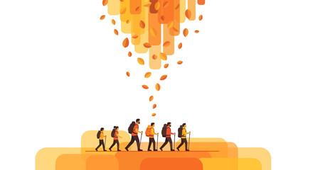 Autumn Journey Illustration: Group Hiking Adventure Under Falling Abstract Leaves