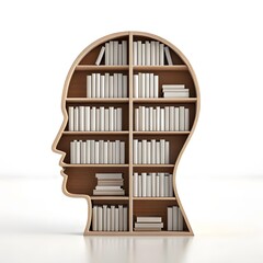 Bookshelf shaped like a human head filled with knowledge and information
