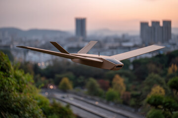 Modern drone flying over a city at sunset, with a blurred background