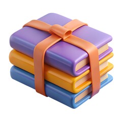 Stack of colorful books tied with an orange ribbon on a white background