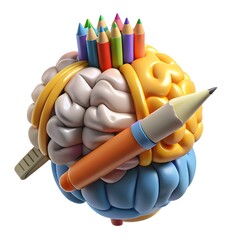 Creative brain sculpture with pencils and crayons on white background