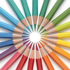 Vibrant colored pencils arranged in a radial pattern on a white background