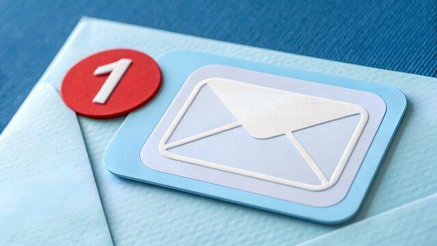 Close-up of 3D email notification icon with red alert badge on blue textured background