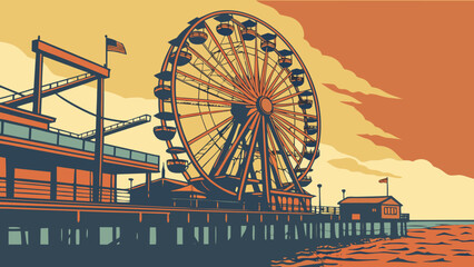 Los angeles skyline featuring santa monicas iconic pier and ferris wheel silhouette. Suitable for travel blogs, city guides, and promotional materials.
