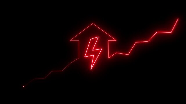 Red neon arrow with lightning bolt and rising graph on black background bright charge