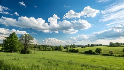 Experience peaceful summer vibes with this vibrant green meadow under a dramatic blue sky filled with fluffy clouds for your nature project