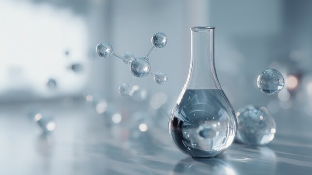 Close-up of laboratory glassware with liquid and molecule structure design