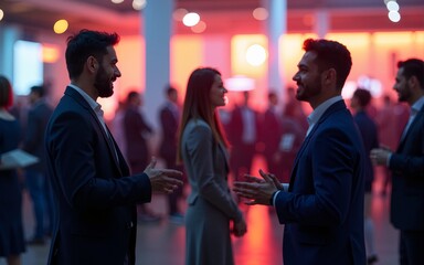 A vibrant networking event with business professionals engaging in conversation, blurred figures creating a sense of motion and activity. High quality