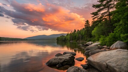 Breathtaking sunset paints the sky over serene lake with mountain views and rocky shoreline creating a peaceful nature escape