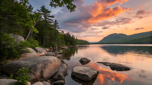 Breathtaking sunset casting vibrant colors on serene lake and mountains for travel inspiration and outdoor adventure seekers delight