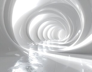 Obraz premium Gleaming white abstract tunnel with reflective floor and swirling architecture.
