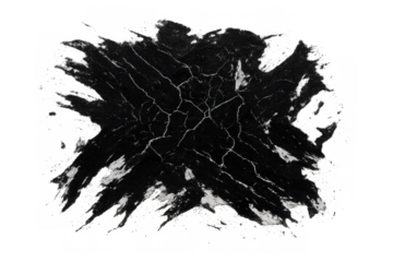 Black cracked paint brush stroke forming an abstract grunge pattern, paint texture with white lines on transparent background