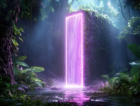 A surreal, rectangular portal emitting vibrant purple light stands in a dense, rainy jungle, reflecting in the water below.