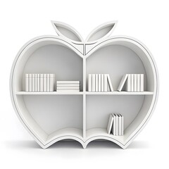 Modern white apple shaped bookshelf filled with books on a white background