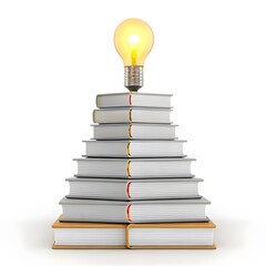 Illuminated lightbulb atop stack of books symbolizing knowledge and inspiration