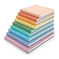 Stack of colorful patterned notebooks arranged in a rainbow gradient on a white background