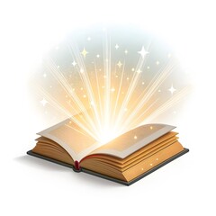Open book radiating bright magical light and sparkling energy on white background
