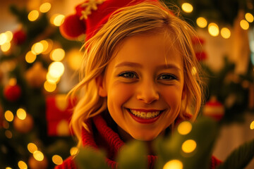 Woman and smiling child decorate a Christmas tree with winter holiday decorations, celebrating the new year with gifts and happiness