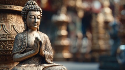 Meditative buddha statue radiates serenity in a serene outdoor setting