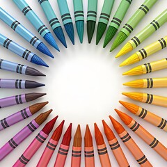 Circle of colorful crayons arranged in a rainbow spectrum on a white background