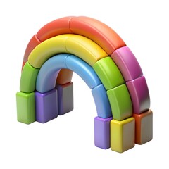 Colorful stacked rainbow toy arch made of blocks against a white background