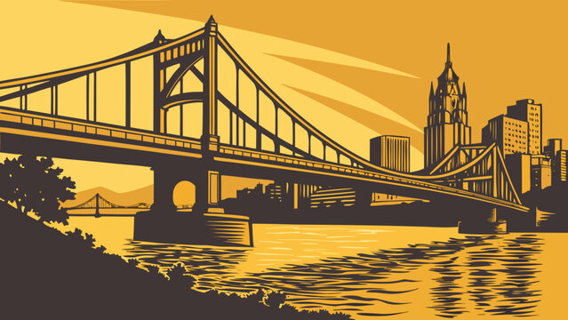 Pittsburgh skyline vector ideal for travel brochures, websites, and social media posts showcasing the citys picturesque scenery and architecture.