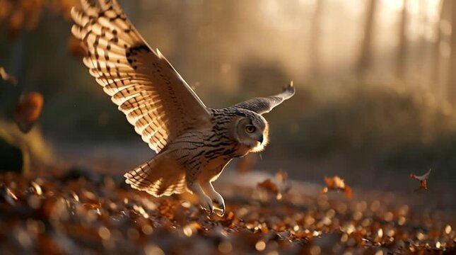 Majestic flying owl gliding through beautiful autumnal forest