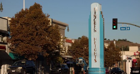 Los Angeles, California, USA - October 18, 2025: An art deco inspired pillar delineates the Lincoln Heights downtown district.