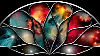 A decorative, abstract design resembling a stained glass window, filled with vibrant images of space, nebulae, and stars.