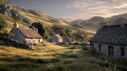 Picturesque Stone Village Nestled Among Hills