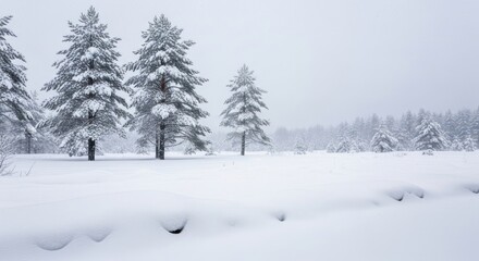 Serene winter landscape featuring snow-covered pine trees and a vast open field under a cloudy sky