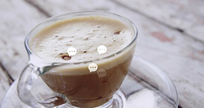 Overlay cue spawning speech bubbles popping and clustering over glass cup with crema, showing chat