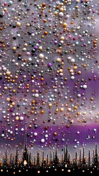 Fototapeta A dense scattering of colorful spheres of varying sizes floats against a textured background, with a stylized city skyline at the bottom.