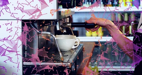 Operator hand inserting portafilter, pulling espresso into white cup to serve, pink overlay moving