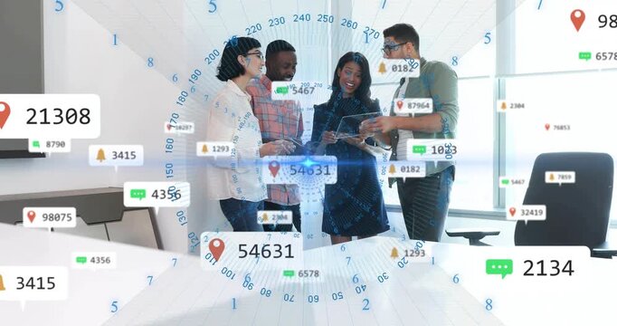 Business team leaning around table tapping and spawning AR ring showing map pins for planning