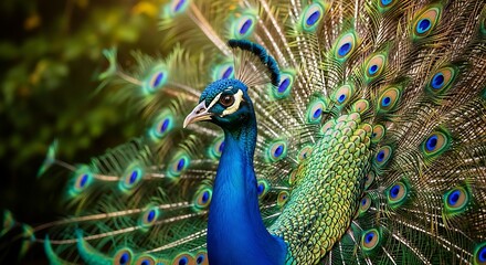 Obraz premium Male peacock displays iridescent fanned tail feathers against lush green foliage.