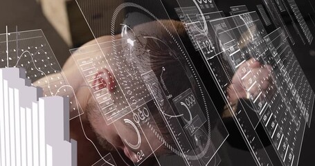 Man gripping dumbbell doing steady pulls as HUD overlays growing, 3D bars tracking reps for fitness