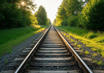 Fototapeta premium Endless railway line stretching into the horizon, cutting through a vibrant green forest illuminated by a warm, golden sun, symbolizing journey and future
