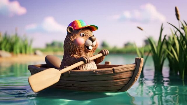 Cute 3D Animated Beaver Rowing Wooden Boat on Calm Lake, Happy Cartoon Character in Colorful Hat Paddling through Reeds on Sunny Day, Vibrant CGI Animation for Children's Content and Storytelling