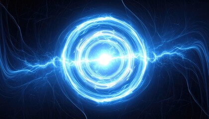 Abstract electric energy in blue color. The core radiates a vibrant light with circular waves of energy. The electrical currents pulsate across the image, offering the sense of dynamic power